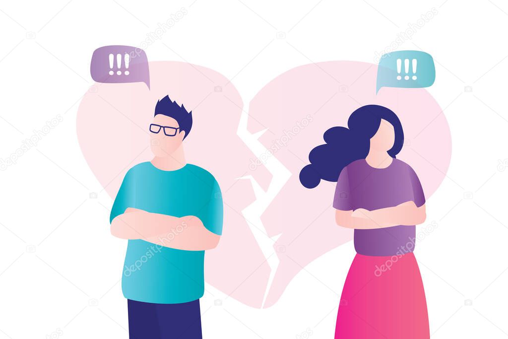 Couple in quarrel. Psychology mental problems concept. Depression and divorce. Relationship family conflict, stress. Broken heart on background. Male and female characters. Flat Vector illustration