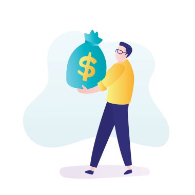 Para dolu çanta taşıyan bir iş adamı. Ödül ya da kâr konsepti. Maaşı olan bir adam. Moda tarzında erkek karakter. Yatırımcı başlangıçta para taşır. Düz vektör illüstrasyonu