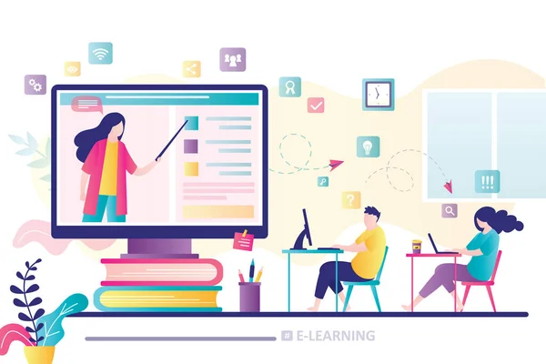 Concept Bannière Learning Éducation Ligne Enseignement Domicile Une Enseignante Écran — Image vectorielle