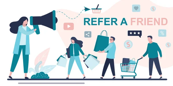 Tavsiye pazarlama konsepti. Kadın konuşmacı yeni müşteri ya da partner çekmek için megafon kullanır. Bir arkadaş afişini referans al. Alışveriş ve tüketim. Alışveriş torbalı bir grup insan. Düz moda vektör.