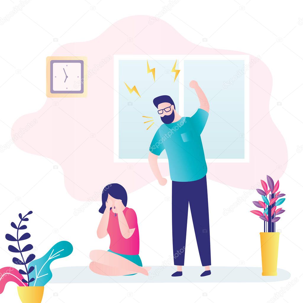 Violence in family. Husband beats his wife. Man abuser and crying woman. Depression and divorce concept. Relationship family conflict, stress. Room interior. People characters in trendy style. Vector