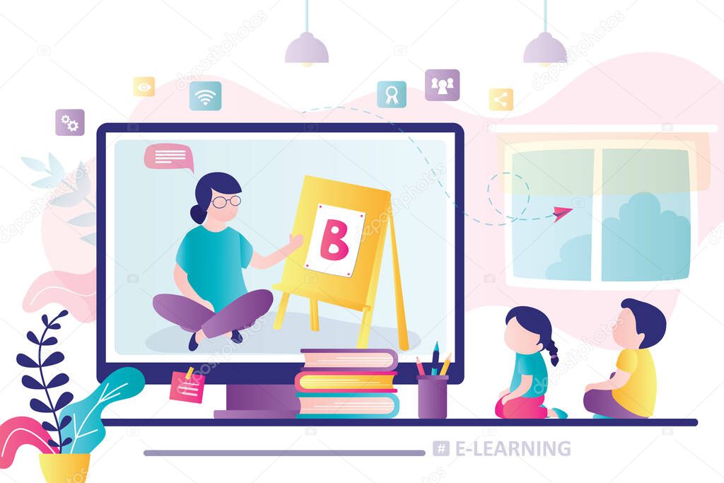 E-learning banner. Online early childhood education courses. Free online preschool games, home schooling. Woman teacher on screen. Group of preschoolers at distance learning. Flat vector illustration
