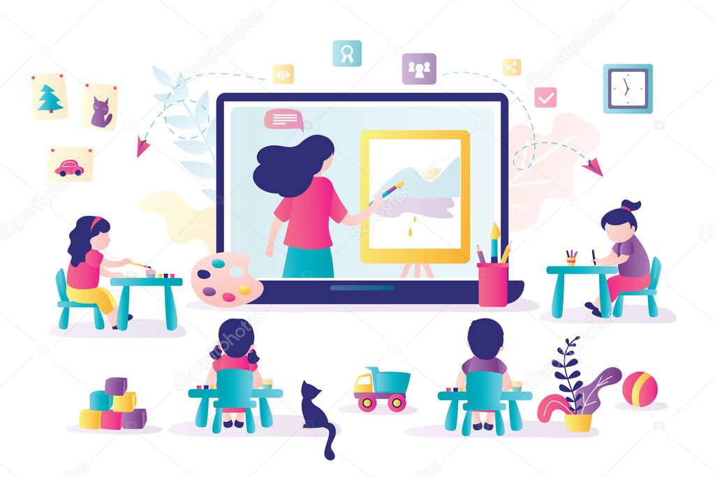 Online early childhood education courses. Free online preschool games, homeschooling, e-learning. Woman teacher on laptop screen.Group of preschoolers at distance learning. Kids in Kindergarten.Vector