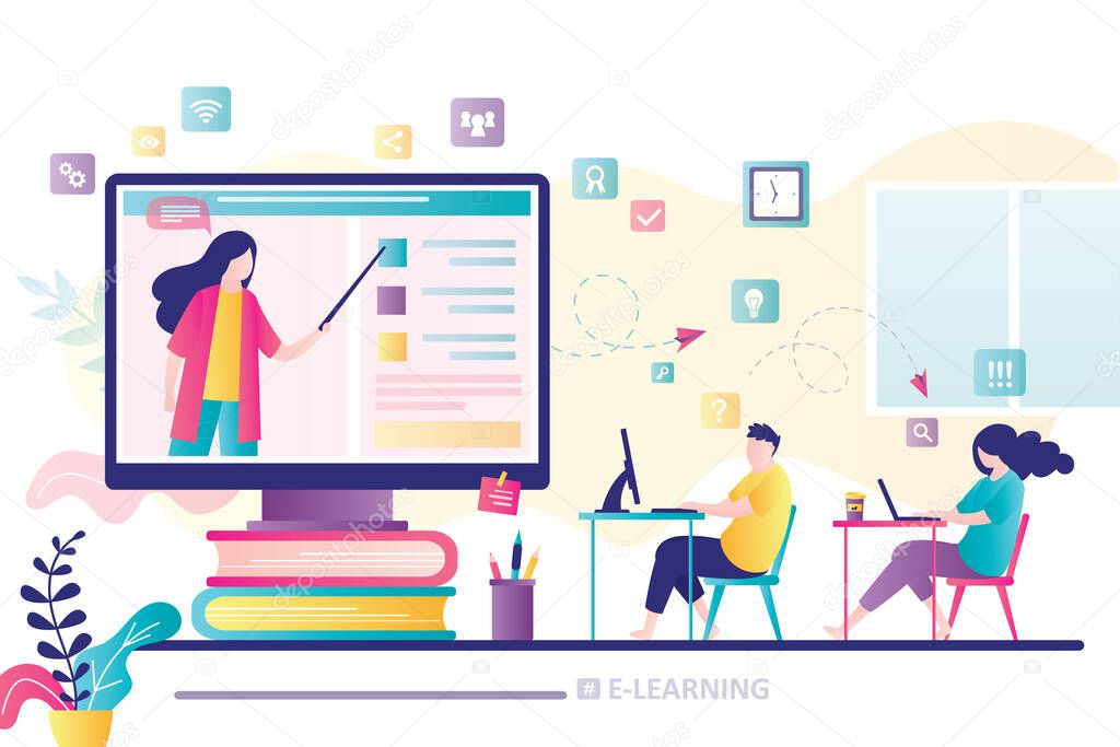 E-learning banner concept. Online education, home schooling. Woman teacher on monitor screen. Group of students in distance learning. Web courses or tutorials. Education vlog. Flat vector illustration