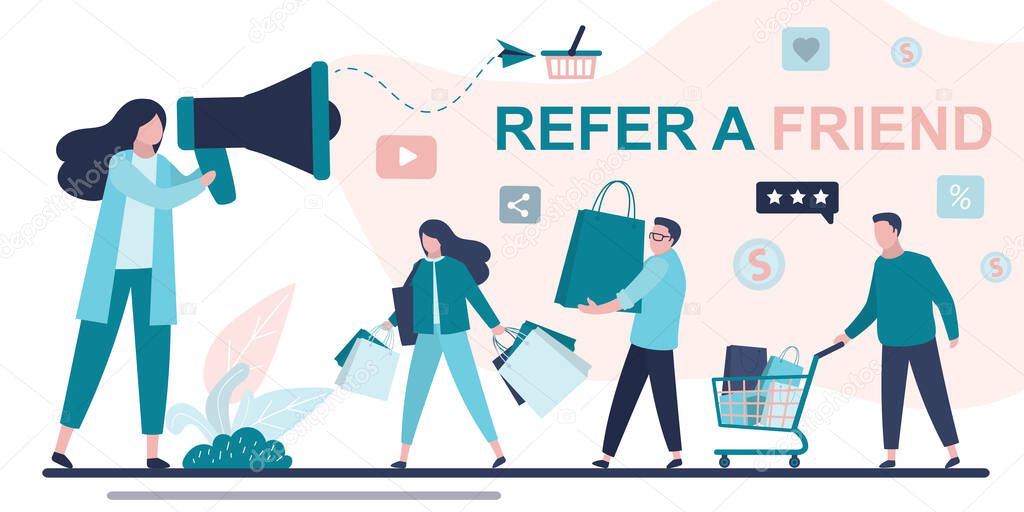 Referral marketing concept. Woman speaker use megaphone for attracting new customers or partners. Refer a friend banner. Shopping and consumerism. Group of people with shopping bags.Flat trendy vector