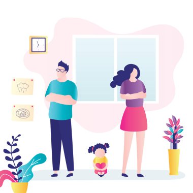 Kavga eden bir çift. Depresyon ve boşanma kavramı. Ebeveynler arasında mutsuz bir kız. İlişki, aile içi çatışma, stres ve psikoloji sorunları. Erkek ve kadın karakterler. Düz Vektör illüstrasyonu