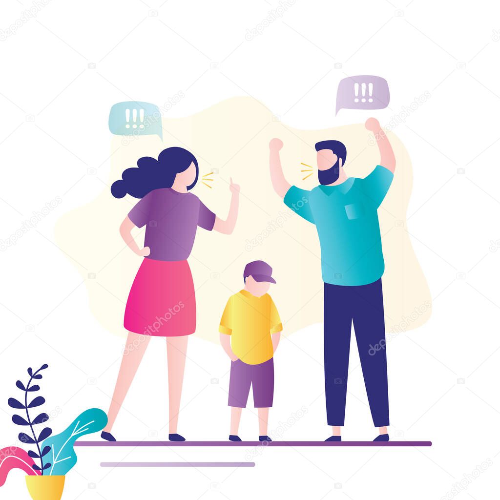Quarrel in family. Cartoon angry parents swearing. Unhappy boy teenager. Dispute man and woman. Toxic relationships between people, obese. Problems and conflict in family. Flat vector illustration 