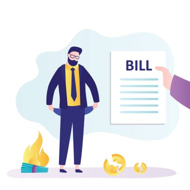 El ele tutuşma faturası, cebi boş iflas etmiş mutsuz bir adam. İşadamı kredi, ipotek ve finansal faturalar için endişeleniyor. Finansal kriz, enflasyon konsepti. İflas ve ekonomik sorunlar. Düz vektör