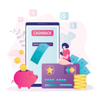 Kadın müşteri akıllı telefon kullanıyor, ekranda online bankacılık uygulaması. Cüzdanı ve kumbarası parayla dolu. Nakit para konsepti. İkramiye kartı, sadakat programı. Ödül, pazarlama teknolojisi. Ödeme geliyor. Düz vektör