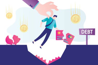Büyük bir el borçluyu borç deliğine atar. İşadamı iflas etti. Finansal kriz ve paranın devalüasyonu. İflas kavramı. Şirket borcu. Bozuk kredi kartı olan bir erkek. Vektör illüstrasyonu