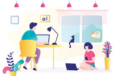 İş adamları evlerinden çalışır. Erkek ve kadın serbest çalışanlar iş için dizüstü bilgisayar kullanıyorlar. Aşk çifti mesafelere çalışıyor. İç mekan. Moda tarzında karakterler. Düz Vektör illüstrasyonu