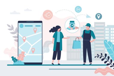 Bedava ilaç teslimatı. Çevrimiçi eczane, teslimatçı çanta dolusu tıbbi ilaç. İnternet eczanesi. Sağlık hizmeti afişi. Akıllı telefonun yanındaki kadın müşteri. Düz vektör illüstrasyonu