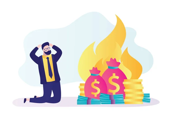 Upset Businessman Kneeling Finances Burning Global Financial Crisis Inflation Bankruptcy — Stock Vector