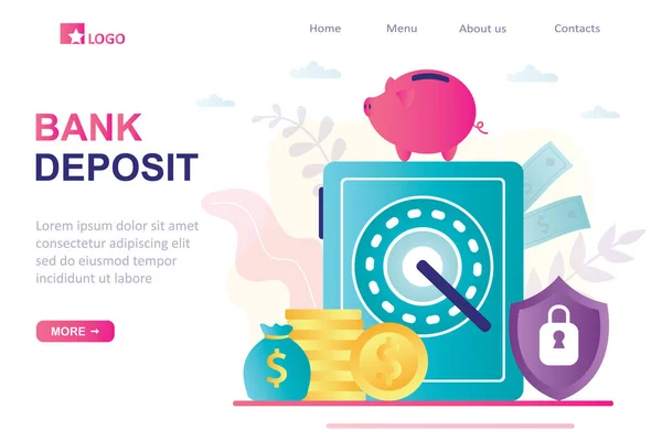 Bank Storting Landing Page Template Voor Web Borgsluis Spaarpot Gouden — Stockvector