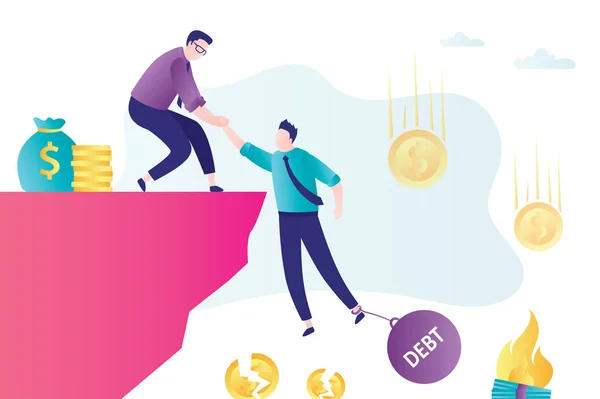 Borç yükü olan bir iş adamı. Borç yeniden yapılandırması, banka memuru müşteriyi kurtaracak. İflas ve para yok. Enflasyon ve finansal sorunlar kavramı. Moda tarzında erkek karakterler. Düz vektör illüstrasyonu