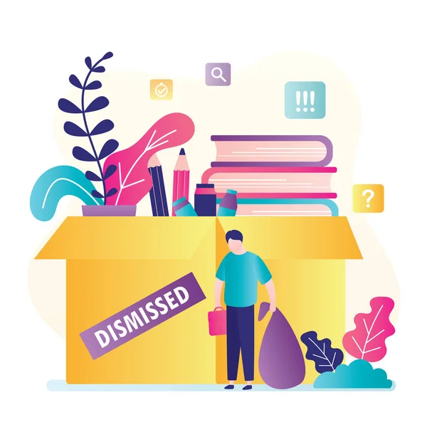 Görevden alındın. İçinde bir sürü şey olan büyük bir kutu ve işsiz. İşsiz, mutsuz erkek karakter. Küresel finansal kriz konsepti. Personel azaltma, işten çıkarma, optimizasyon. Moda düz vektör illüstrasyonu.