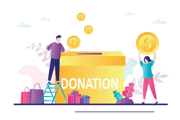 Male Volunteer Puts Gold Coin Donation Box Business People Donate — Stock Vector