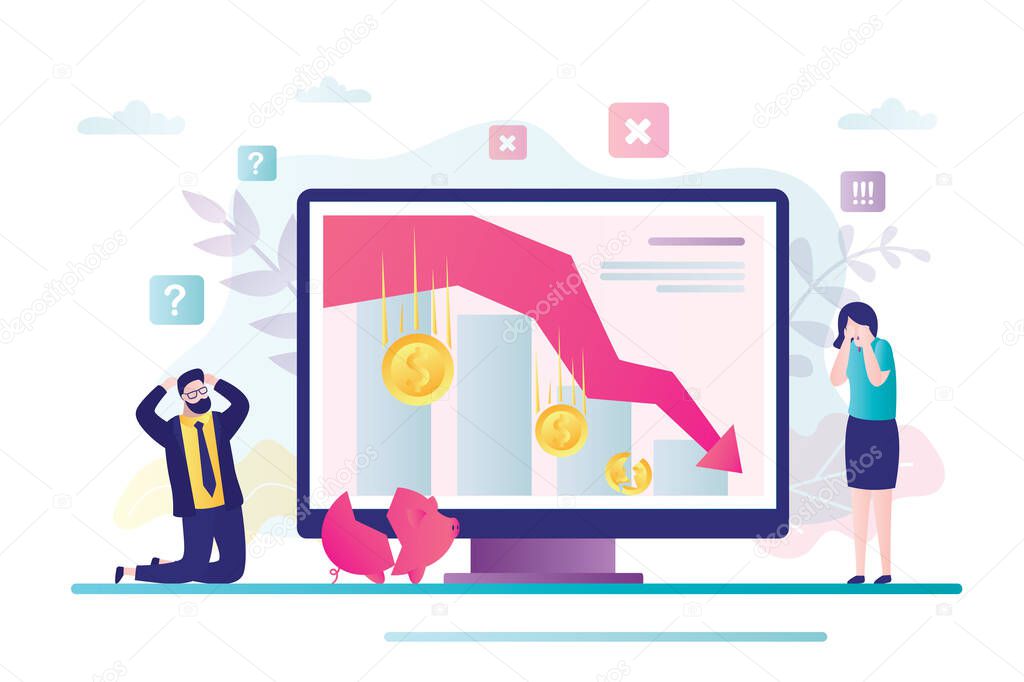Accountant announces bankruptcy. Frustrated businessman investor kneeling. Economic problems, global crisis and devaluation. Unhappy businesspeople. Stock market crash on monitor screen. Flat vector
