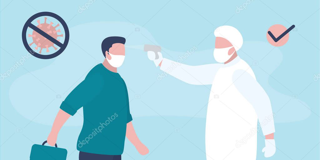 Medical worker checks the body temperature of businessman. Doctor or staff in special uniform and mask. Covid-19 prevention. Public safety concept. Viral pandemic. Trendy vector illustration