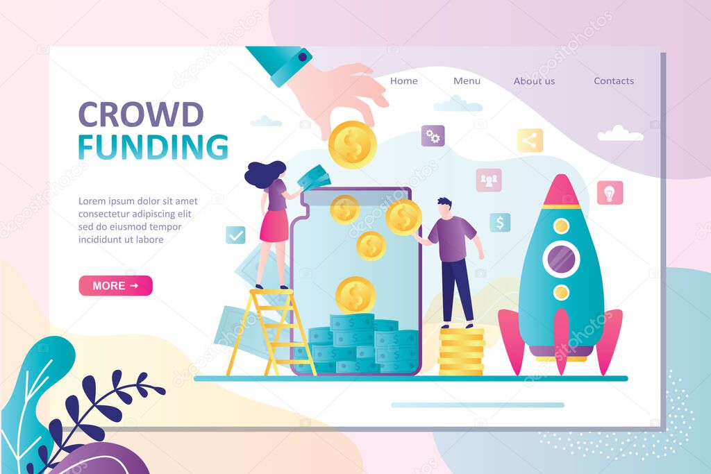 Crowdfunding landing page template, launch new startup. Businesspeople donations money for new project, investment concept. Rocket ready to start.Venture fund investing.Trendy flat vector illustration