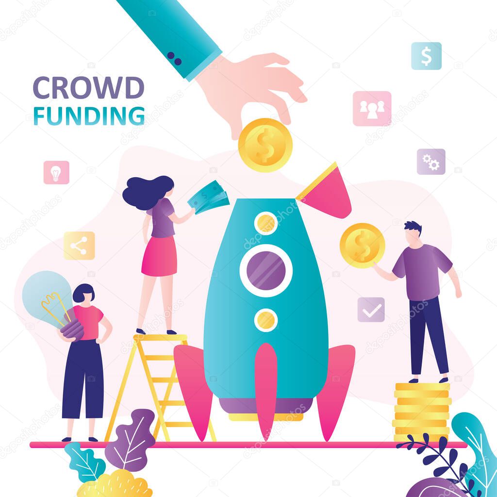 Businesspeople donations money for new project. Various people putting coins in spaceship. Crowdfunding,launch new startup. Rocket ready to start.Teamwork, investment concept. Flat Vector illustration