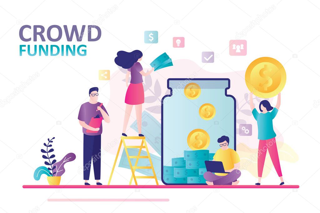 Businesspeople donations money for new project. Banner with people putting coins to glass bank. Charity or crowdfunding. Teamwork, investment concept. Launch new startup. Flat vector illustration