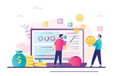 Finansal danışman, iş adamlarına monitörden analitik sunuyor. Erkek müşteri yatırım stratejisi, finans planlaması hakkında danışmanlık yapıyor. Analiz, yatırım ve para yönetimi kavramı. Vektör illüstrasyonu