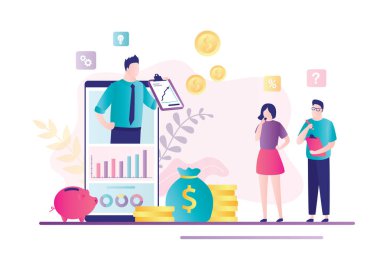 Akıllı telefon ekranında finans danışmanı. Para sermayesi olan iş adamları. Yatırım fikirleri, finansal tavsiyeler, iş danışmanlığı, analitik. Banka mobil uygulaması. Büyüme kârı ve tasarruf. Vektör