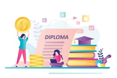 Eğitime yatırım yapan kadın öğrenciler. Yetenek geliştirme, online kurslar. E-öğrenme konsepti. Eğitimsel kredi bursu. Finansal planlama bütçesi. Geçmişi hakkında diploma. Düz vektör çizimi.