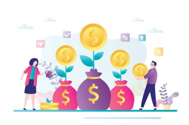 İş kadını para ağacını suluyor. İşadamı terfi için para biriktiriyor. Çizgi film insanları büyüme sermayesine ve kârına yatırım yapar. Yatırımcıların stratejisi, fon kavramı. Moda düz vektör illüstrasyonu