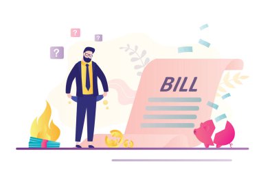 Cebi boş, faturası kabarık bir şekilde iflas etmiş. Hüsrana uğramış işadamı kredi, ipotek ve finansal faturalar için endişeleniyor. Finansal kriz konsepti. İflas ve ekonomik sorunlar. Düz vektör illüstrasyonu