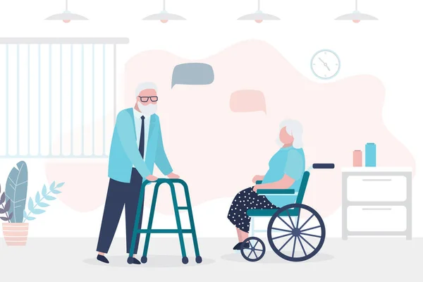 Ηλικιωμένοι Μιλάνε Ηλικιωμένοι Συζητούν Στο Διάδρομο Της Κλινικής Δωμάτιο Εσωτερικό — Διανυσματικό Αρχείο