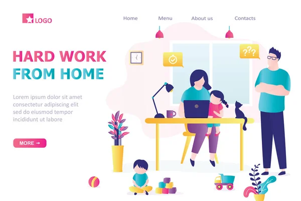 Hard Remote Lavoro Dal Modello Home Landing Page Donna Sul — Vettoriale Stock