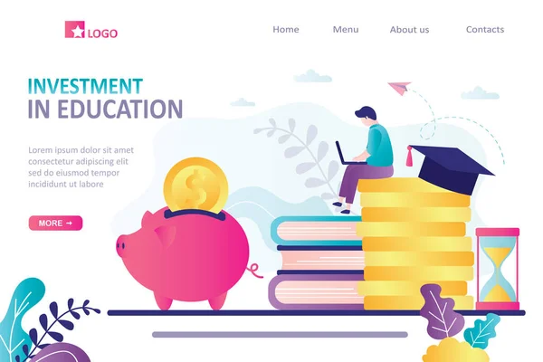 Investimento Modelo Landing Page Educação Empresário Estudando Laptop Estudante Sexo — Vetor de Stock