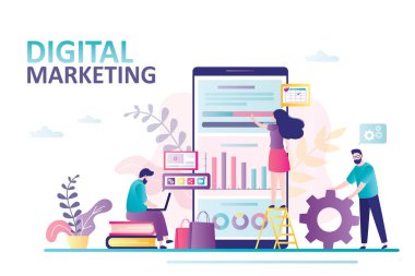 Dijital pazarlama iniş sayfası. İş ekibi mobil trafiği inceliyor. Sosyal ağlar aracılığıyla reklam ve satış. Takım çalışması.,