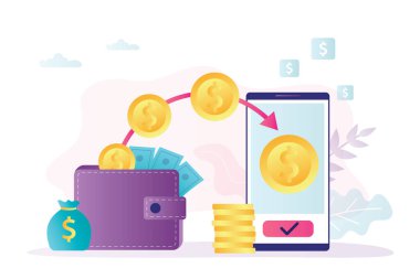 Çevrimiçi para transferi. Elektronik cüzdana ya da banka kartına para transferi. Modern finans teknolojisi. Güvenli Transfer. Sanal finans kavramı. Moda Düz Vektör illüstrasyonu