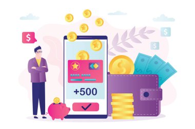 Müşteri sanal karttan yeni ikramiyeler aldı. Sadakat programı, nakit para ve puan kazanmak. Ödül programı, bonus kart ve modaya uygun erkek karakter. Cüzdan para dolu. Düz vektör çizimi.