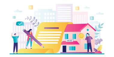 Mutlu çift kredi anlaşması imzalar. İpotekle mülk satın almak. Banka memuru kredi verir. Modern ev satılık, şehir manzarası arka planda. Moda tarzında insanlar. Vektör illüstrasyonu