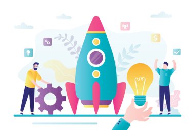 Başlangıç geliştirme konsepti. Bir grup iş adamı yeni iş alanları yaratıyor. Büyük bir alkış yeni bir iş fikri verdi. Roket fırlatmaya hazırlanıyor. Takım çalışması ve beyin fırtınası. Moda biçim vektör illüstrasyonu.