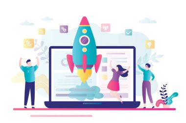 Mutlu geliştiriciler, başarılı iş projesinin tamamlanması. Çevrimiçi bir başlangıç oluşturuluyor. Roket kalkışı, laptop ekranında. Takım çalışması, küçük iş adamları. Düz vektör illüstrasyonu