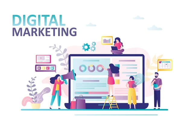 Página Destino Marketing Digital Equipo Negocios Analiza Tráfico Internet Publicidad — Archivo Imágenes Vectoriales