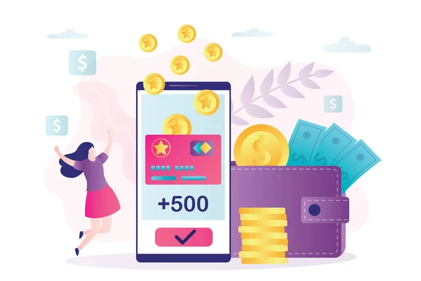 Yeni biriken ikramiyelerle kadın karakter seviniyor. Sadakat programı, kadın müşteri ödülleri. Kazanç puanı konsepti. Nakit para ve bonus kartlı telefon ekranı. Moda tarzında afiş. Vektör illüstrasyonu