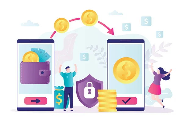 Online Geld Overmaken Elektronische Portemonnees Smartphone Schermen Internetbankieren Financiële Technologie — Stockvector
