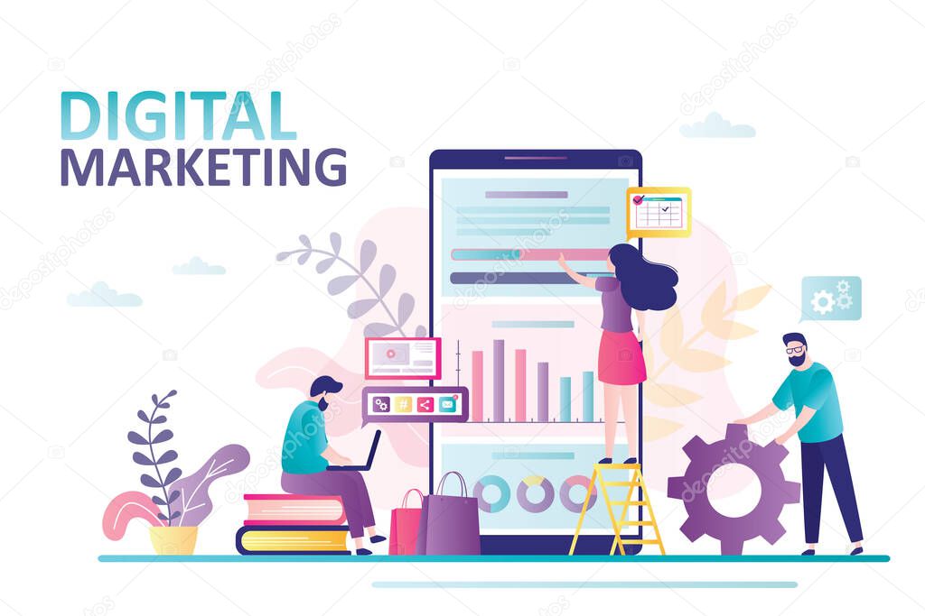 Digital marketing landing page. Business team analyzes mobile traffic. Advertising and sales through social networks. Teamwork,