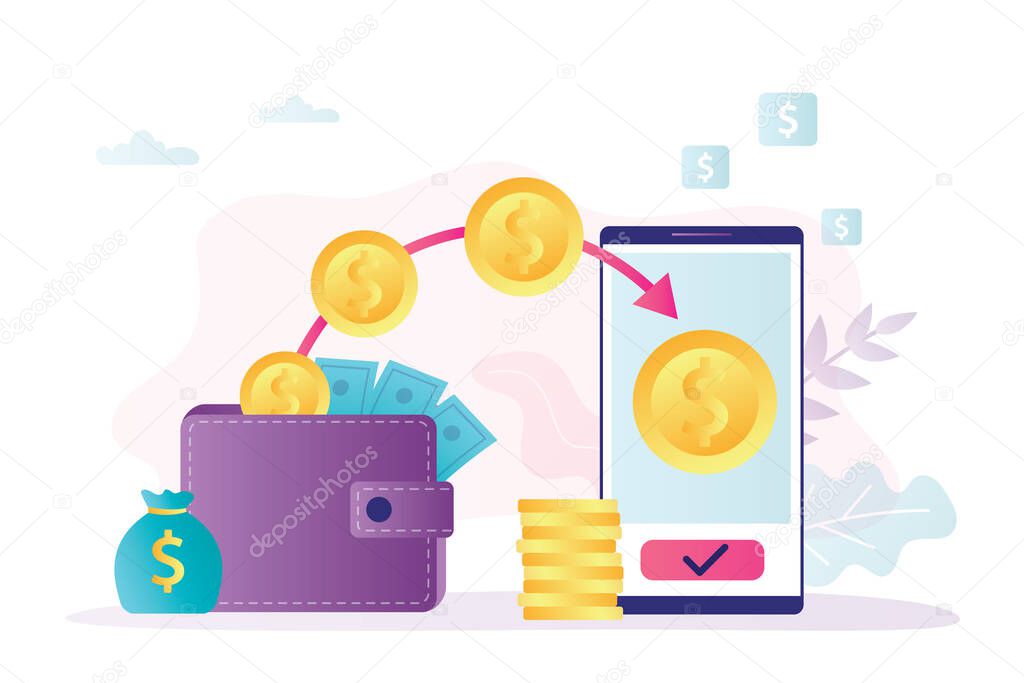 Online money transfer. Money transaction to an electronic wallet or bank card. Modern financial technology. Safe Transferring. Concept of virtual finance. Trendy Flat vector illustration