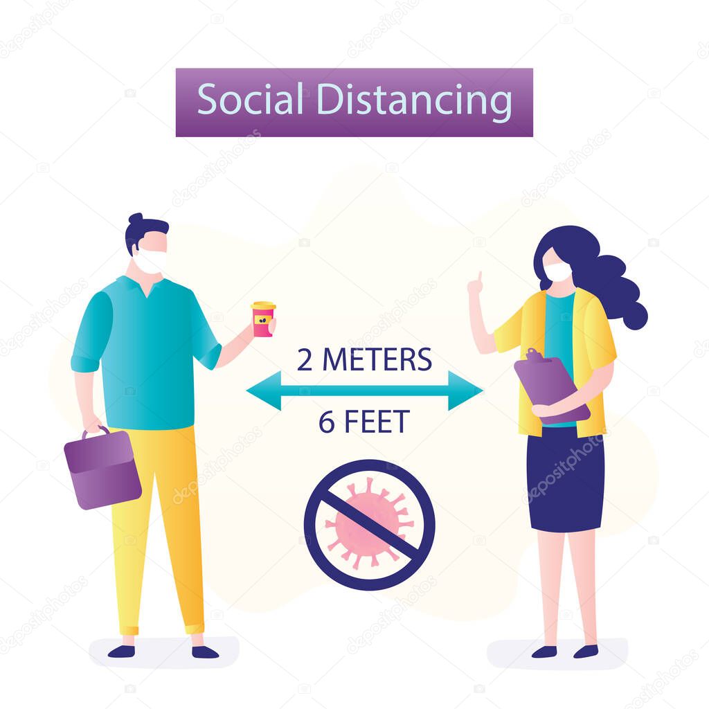 Social Distancing, two businesspeople keeping distance for infection risk and disease. 2 meters or 6 feet distance between humans, people talking. Covid-19 prevention banner. Flat vector illustration