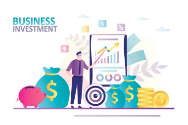 Businessman presents new strategy and statistics.Analytics and diagrams. Concept investment and budget planning.Banner on business theme. Piggy bank, stack coins and money bag.Flat vector illustration