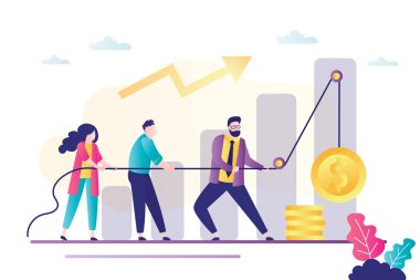 People raise golden coin using a rope. Profit and Income Increase. Teamwork, businesspeople working together. Growth chart and office workers or employees. Trendy flat vector illustration