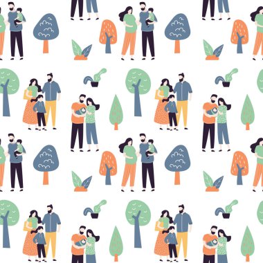 Seamless pattern with love couples with children outdoors. People together walking in park. Texture background with cute family. Weekend time, decoration banner. Flat vector illustration