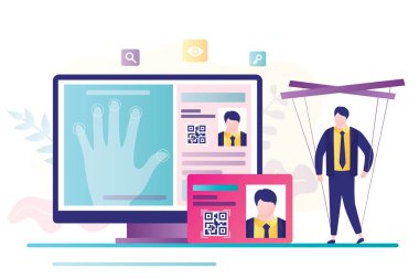 Fingerprints on the screen, digital id passport with qr code. Total digital control over people, male character puppet. Infringement of civil rights, tracking people. Biometric documents. Flat vector